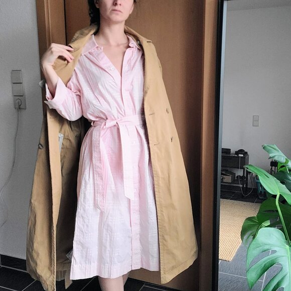 Burberry London Pink Embossed Plaid Belted Button Down Shirt Dress Women's Large - Picture 2 of 15